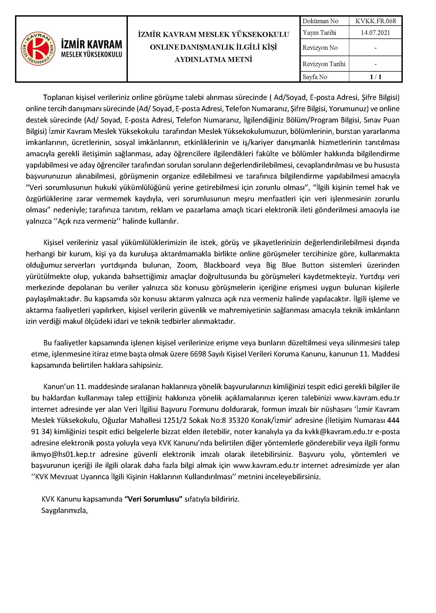 KVKK.FR.068 -KVK Mevzuat Uyarınca Online Danışmanlık İlgili Kişi Aydınlatma Metni